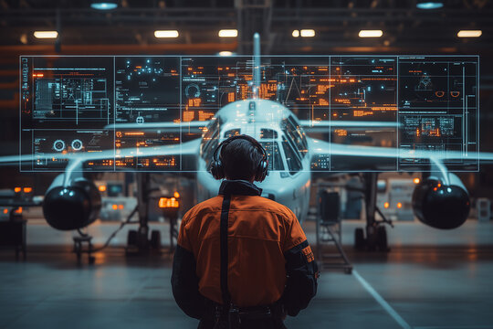 An aircraft technician in an orange safety suit monitors a futuristic digital interface displaying diagnostics and schematics of an airplane inside a hangar.  