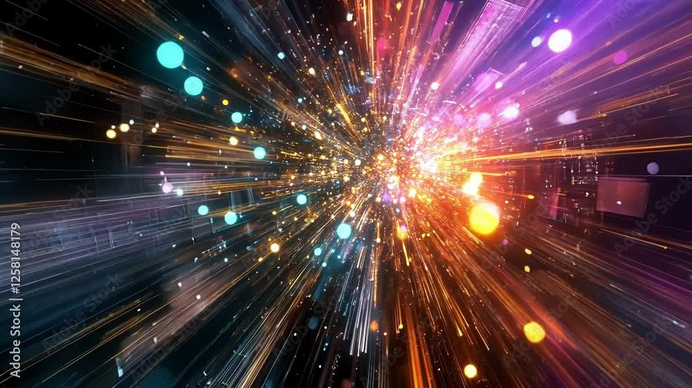 Poster colorful glowing lines and particles converge in an abstract technology background, creating a dynam