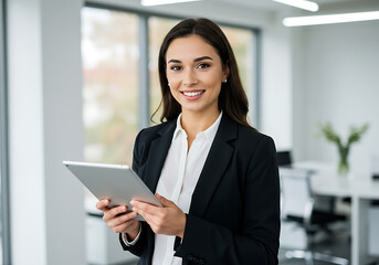 Obraz premium Confident Businesswoman Holding Tablet in Modern Office Setting