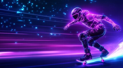 Neon Skateboarder in Motion - A vibrant artwork of a futuristic skateboarder gliding through a neon-lit landscape. Speed and energy are captured in the dynamic pose and glowing trails