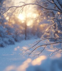 a winter scene, with a branch coated in fresh snow, framed by the soft, glowing light of a winter morning
