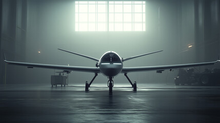 A futuristic unmanned aerial vehicle (UAV) positioned inside a high-tech hangar, representing advanced aerospace engineering and autonomous flight technology.  