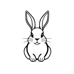Minimalist illustration of a seated rabbit, black and white, on a white background, simple lines, happy expression.