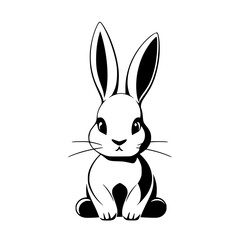 Monochrome Rabbit Portrait: sitting, a stylized, minimalist black and white drawing of a rabbit with long ears and whiskers, set against a white background.