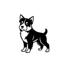Black-and-white illustration of a dog standing in a poised position, set against a plain white background.