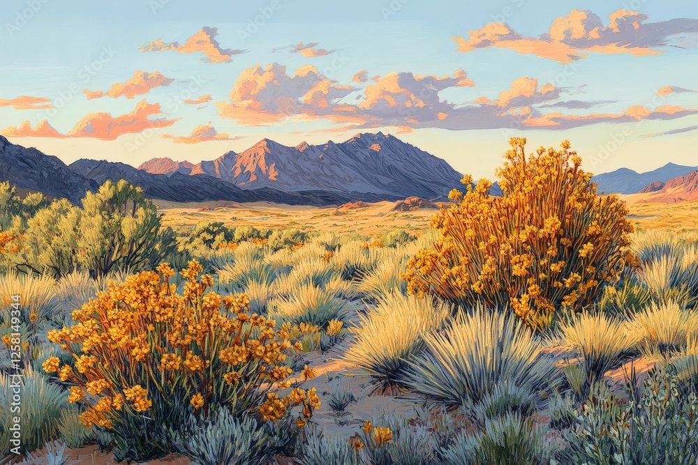 Wall mural Majestic desert landscape at sunset showcasing vibrant flora and distant mountains in a serene atmosphere