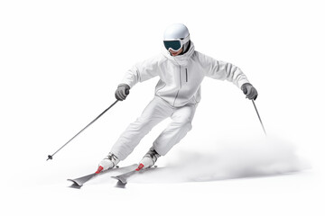Professional skier wearing white ski suit, helmet and goggles, skiing downhill at high speed on white background, generating snow powder cloud