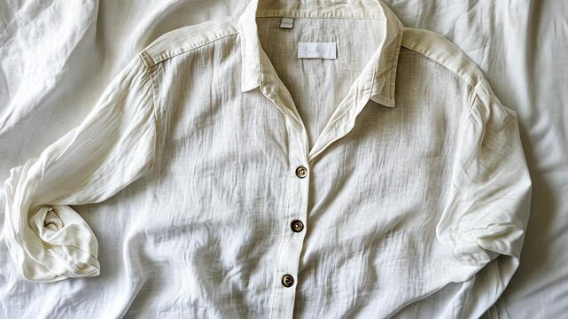White linen shirt laid flat on a soft, inviting bedspread in natural light during a relaxed morning