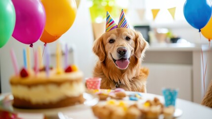 Dog birthday party setup with cake, celebration activities, and joyful atmosphere. Featuring pet-friendly decorations, dogs enjoying treats, colorful balloons, and party hats. Perfect for pet owners.