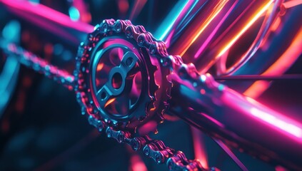 Fototapeta premium Neon Bicycle Chain and Sprocket Close-Up: A Vivid Display of Bicycling Mechanics
