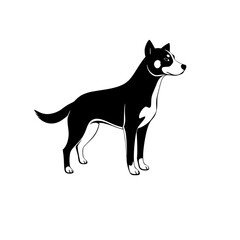 A standing, black and white dog with stylized, minimalist composition on a white background.