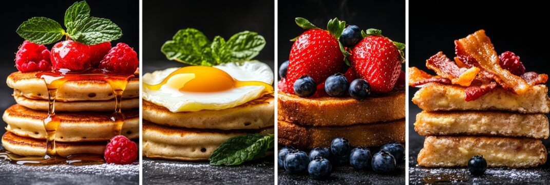Delicious Breakfast Collage Pancakes, Sunny-Side-Up Eggs, French Toast, and Fresh Fruit