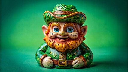Hand-Painted Leprechaun Figurine on Green Background - St. Patrick's Day Decoration