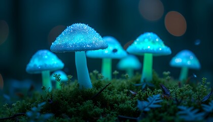 Fototapeta premium Glowing Mushrooms in Enchanted Forest Magical Night Scene with Moss