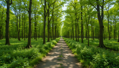 Sunlit path through verdant forest