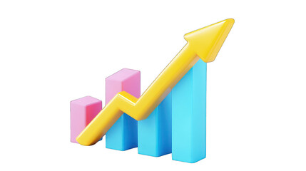 rising blue arrow with yellow pink bar 3d render icon isolated on white background