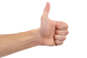 A close-up of a hand showing a thumbs up gesture against a white background.