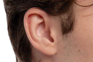 A close-up view of a human ear with light skin tone against a white background.