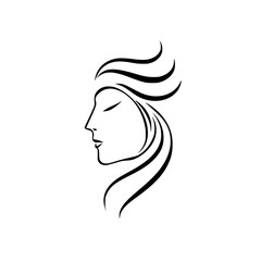 Woman's profile outlined in black, long hair waving down her face, with lines of hair flowing around her.