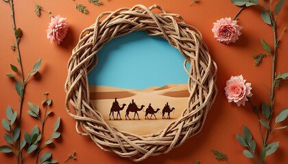 Fototapeta premium Camel Caravan Desert Scene Inside Wreath with Flowers and Botanical Elements