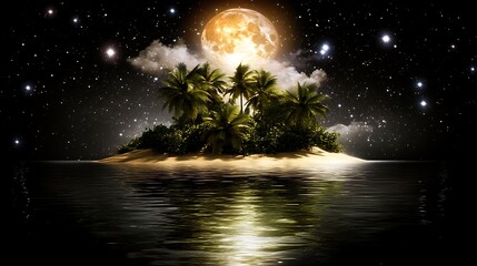 Moonlit Tropical Island Paradise Reflecting in Calm Ocean Water Under Starry Night Sky Backdrop