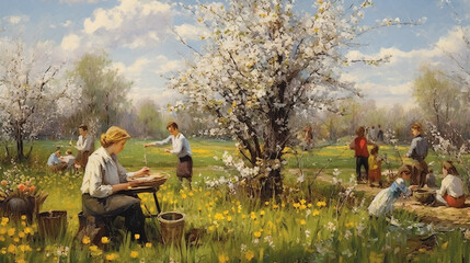 A walk in a park with trees blooming on a spring day
