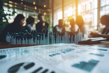Blurred image of business people in meeting with superimposed financial charts and graphs, illustrating data analysis and strategic planning.