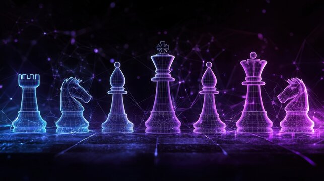 Futuristic Neon Chess Pieces in Abstract Digital Space