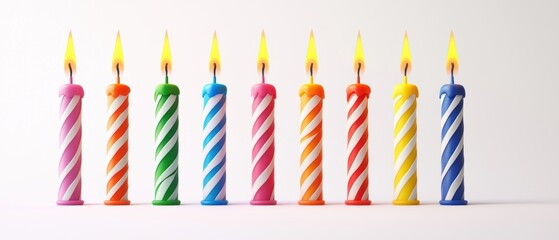 Colorful birthday candles lined up, flickering flames shining bright against a clean white background, perfect for celebration themes.