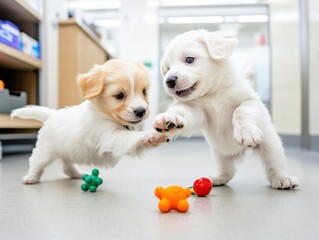 Puppies playing in a veterinary clinic waiting room, engaging in playful behavior. Highlighting joy and anticipation, ideal for veterinary clinics and pet care environments.
