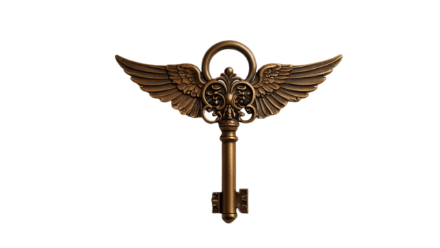 vintage big key with wings on transparent background