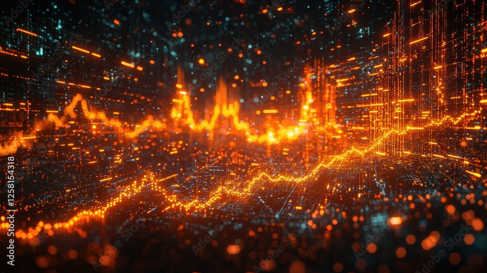 Poster dynamic visualization of data trends and analytics with glowing orange lines representing fluctuatin
