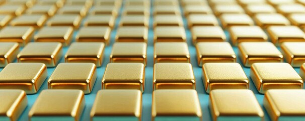 Naklejka premium A close-up view of shiny gold bars arranged in a neat grid, creating an elegant and luxurious texture and pattern.