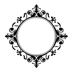 Elegant black and white vector frame, circular bordered by ornate flourishes and symmetrical designs, against a white background.