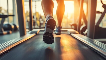 Runner's feet on a treadmill at sunset in a gym, capturing the motion blur and warm light.  Healthy lifestyle, fitness, and exercise concept