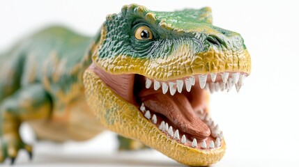 Fototapeta premium Green and Yellow Toy Tyrannosaurus Rex Dinosaur Close-up