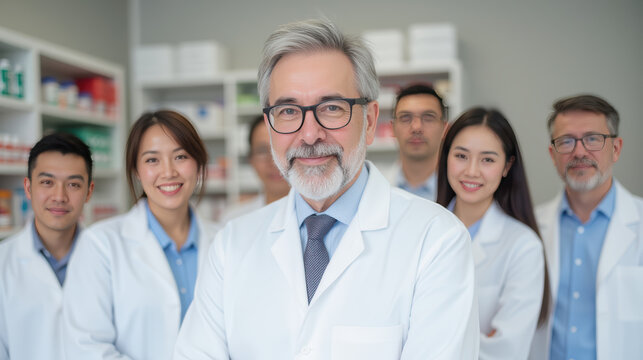 Experienced medical team in lab coats smiling confidently in pharmacy