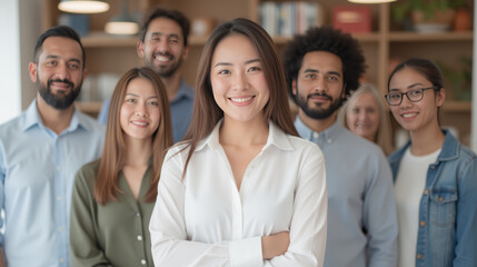 Fototapeta premium diverse group of professionals smiling together in office setting, showcasing teamwork and collaboration