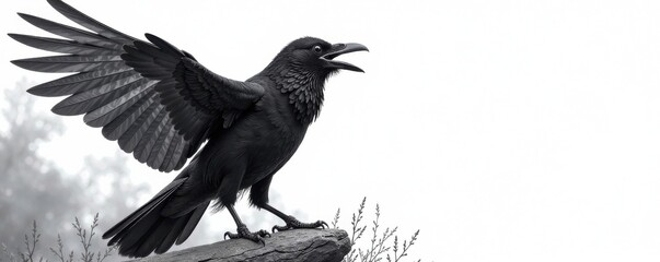 Fototapeta premium Black and white illustration of a cawing crow, , crow, wildlife art