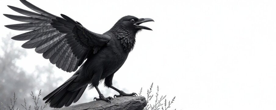 Black and white illustration of a cawing crow, , crow, wildlife art