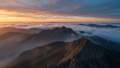 Fototapeta premium Sunrise over mountaintop sea of clouds