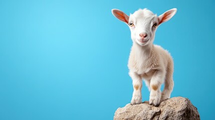 Obraz premium Adorable Baby Goat Standing on Rock Against Bright Blue Background