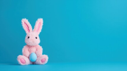 Obraz premium A cute pink bunny plush toy holding a pastel blue egg, perfect for Easter-themed decorations and celebration imagery.