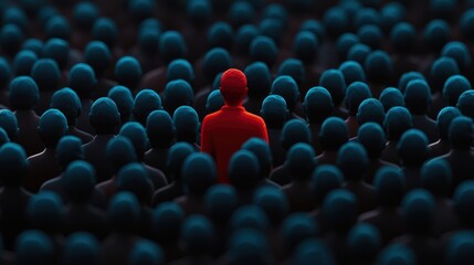 Obraz premium A lone individual stands out in a sea of faceless figures, symbolizing uniqueness and individuality in a crowded world.