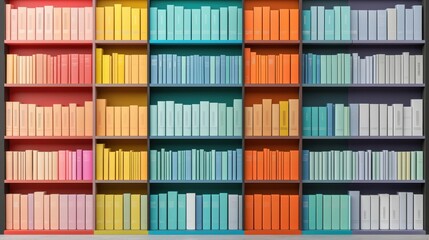 Fototapeta premium Vibrant Colorful Bookshelves with Assorted Book Spines Displayed