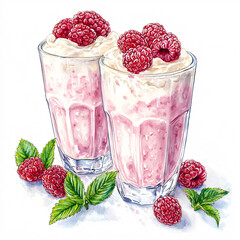 Two glasses of raspberry smoothies, topped with whipped cream and fresh raspberries, with scattered berries and leaves around.