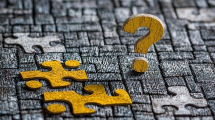 Fototapeta premium A thought-provoking scene featuring yellow wooden puzzle pieces and a question mark on a textured surface, symbolizing uncertainty.