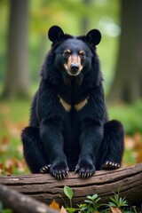 Fototapeta premium Black bear sitting on log, black bear, tree, wildlife