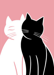 Black and white cat leans in and kisses its partner. contemporary wallpaper poster print