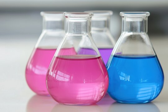 Colorful laboratory flasks filled with vibrant purple and blue liquids, showcasing scientific experimentation and chemical reactions.